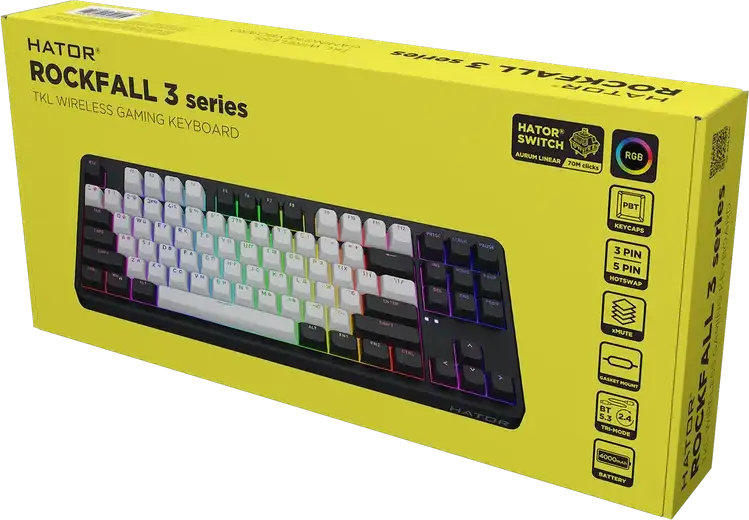 Механическая клавиатура HATOR Rockfall 3 TKL Wireless, переключатели HATOR Aurum Orange Linear, Gasket Mount, Hot-swap, PBT-кейкапы, RGB, 2.4ГГц/BT/USB-C