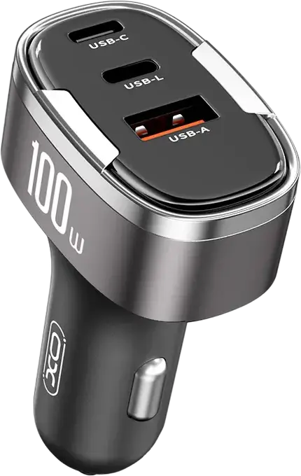 Автомобильное зарядное устройство XO CC61 100W с портами USB-C, USB-A и Lightning, поддержка PD3.0, QC3.0, PPS, пластик ABS, серебристый