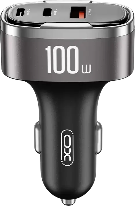 Автомобильное зарядное устройство XO CC61 100W с портами USB-C, USB-A и Lightning, поддержка PD3.0, QC3.0, PPS, пластик ABS, серебристый