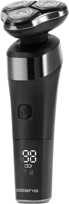 Polaris PMR0308RC Electric Rotary Shaver, 3 5D Flexible Heads, Wet & Dry, Li-Ion Battery, 140 min Runtime, Digital Display, Black