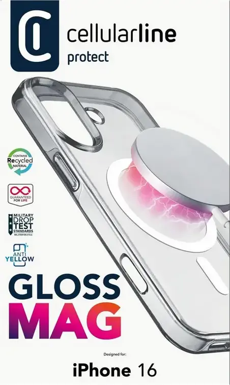 Husa Cellularline Gloss Mag pentru iPhone 16, Transparenta TPU si Policarbonat, Compatibila MagSafe, Protectie Militara contra Shockurilor, Antibacteriana, GLOSSMAGIPH16T