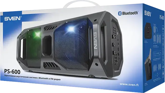 Портативная караоке-система SVEN PS-600, 50 Вт RMS, Bluetooth, TWS, RGB-подсветка, FM-радио, Li-Ion аккумулятор, USB, microSD, AUX, черный