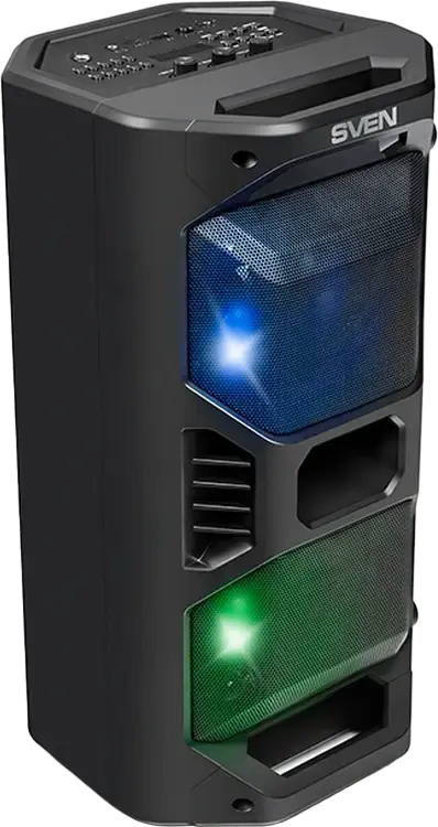 Портативная караоке-система SVEN PS-600, 50 Вт RMS, Bluetooth, TWS, RGB-подсветка, FM-радио, Li-Ion аккумулятор, USB, microSD, AUX, черный