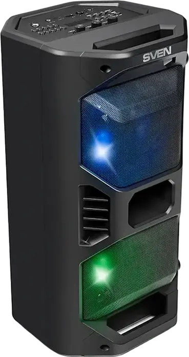 Портативная караоке-система SVEN PS-600, 50 Вт RMS, Bluetooth, TWS, RGB-подсветка, FM-радио, Li-Ion аккумулятор, USB, microSD, AUX, черный