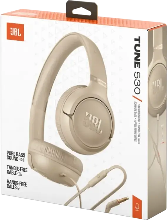 JBL Tune 530 On-Ear Closed-Back Wired Headphones, Dynamic Driver, Integrated In-Line Microphone, Foldable Design, JBL Pure Bass Sound, Beige