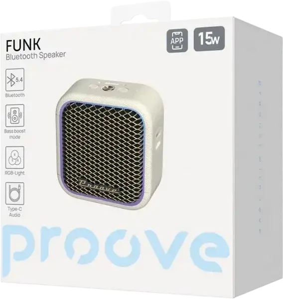 Boxa Bluetooth Proove Funk 15W v5.4, Bej, Baterie 2600mAh, Suport TWS, Iluminare RGB, USB-C, Control Aplicație Equalizer, Design Compact Cub