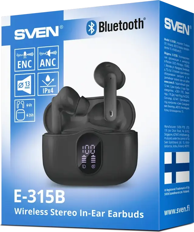 SVEN E-315B TWS In-Ear Earbuds, Bluetooth 5.4, ANC Active Noise Cancellation, 13mm Drivers, IPX4 Water Resistant, 26h Total Playtime, USB-C, Black