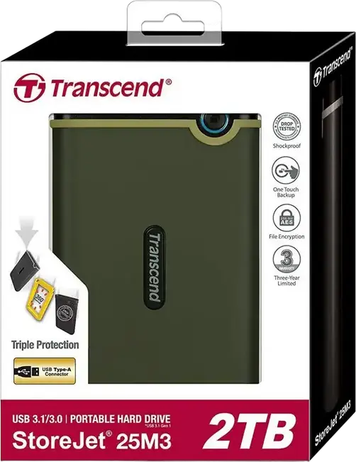 Transcend StoreJet 25M3 Portable External Hard Drive 2 TB 2.5-inch USB 3.1 Gen 1 Shockproof Military Grade Drop Tested with AES 256-bit Encryption
