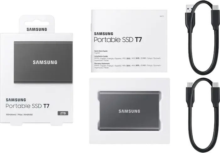 Samsung Portable SSD T7 MU-PC2T0T/WW 2TB External Solid State Drive USB 3.2 Gen 2 1050MB/s Read 1000MB/s Write Aluminum Casing AES 256-bit Encryption Grey