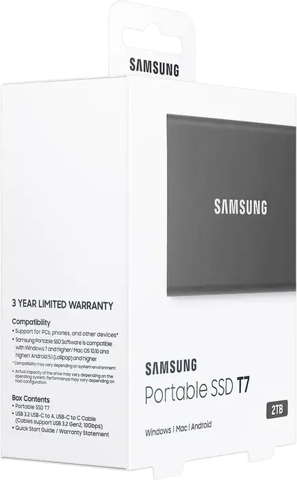 Samsung Portable SSD T7 MU-PC2T0T/WW 2TB External Solid State Drive USB 3.2 Gen 2 1050MB/s Read 1000MB/s Write Aluminum Casing AES 256-bit Encryption Grey