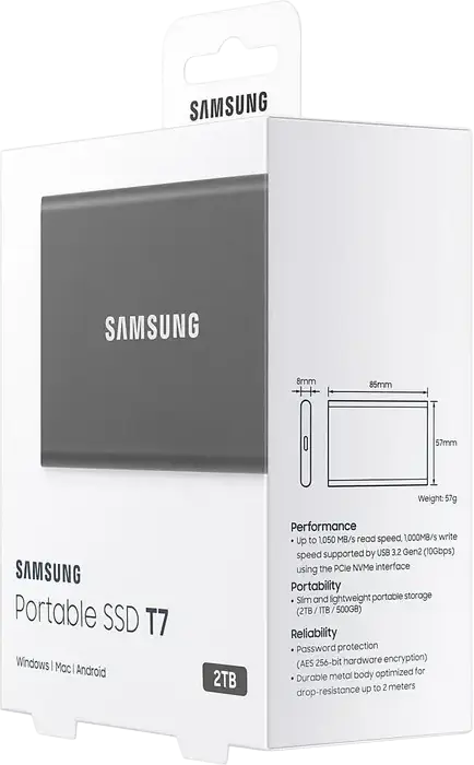 Samsung Portable SSD T7 MU-PC2T0T/WW 2TB External Solid State Drive USB 3.2 Gen 2 1050MB/s Read 1000MB/s Write Aluminum Casing AES 256-bit Encryption Grey