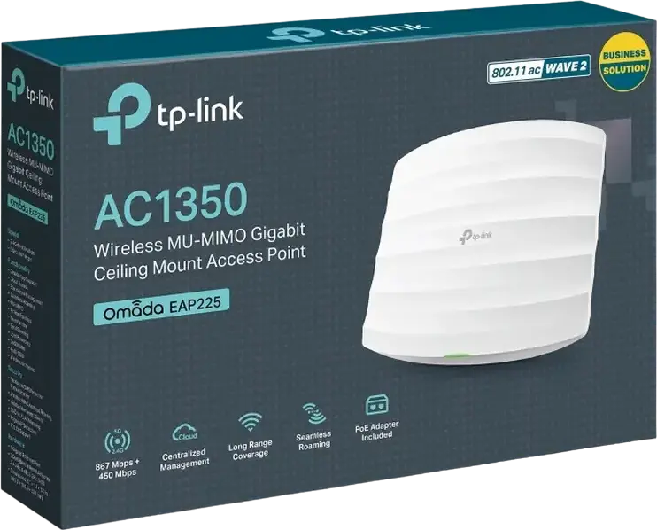 TP-Link Omada EAP225 Wireless MU-MIMO Gigabit Ceiling Mount Access Point, AC1317 Dual-Band Wi-Fi, 802.3af/Passive PoE, Seamless Roaming, White