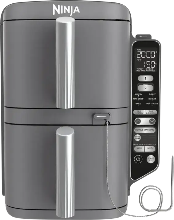Ninja Double Stack XL SL451EU Air Fryer, 9.5L Dual Basket (2x 4.75L), 2470W, 6 Functions, Smart Temperature Probe, Ceramic Coating, Grey