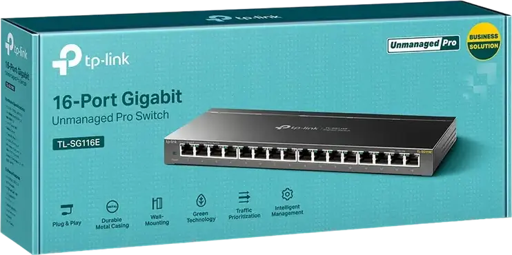 Switch TP-Link TL-SG116E Easy Smart Gigabit, 16 Porturi 10/100/1000 Mbps RJ45, Carcasă Metalică, VLAN, QoS, Prevenire Buclă, Tehnologie Green, Montare Perete