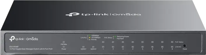 TP-Link Omada ES210GMP 10-Port Gigabit Easy Managed Switch, 8-Port PoE+ 123W Budget, 1x SFP/RJ45 Combo, L2 Features, Cloud Management, Metal Casing