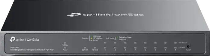 TP-Link Omada ES210GMP 10-Port Gigabit Easy Managed Switch, 8-Port PoE+ 123W Budget, 1x SFP/RJ45 Combo, L2 Features, Cloud Management, Metal Casing