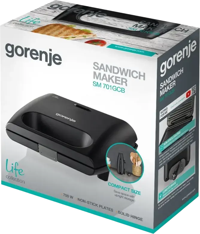 Gorenje SM701GCB Sandwich Maker, 700W-770W, Non-Stick Grill Plates, 2 Portions, Compact Black Design with Lockable Handle and Indicator Light