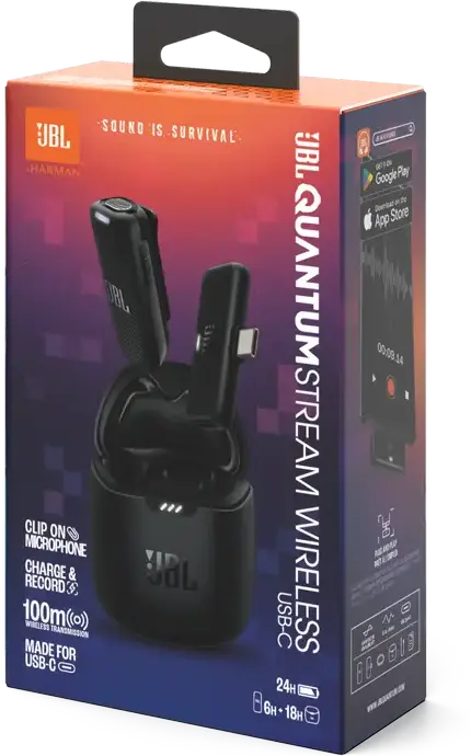 JBL Quantum Stream Wireless USB-C Omnidirectional Dynamic Lavalier Microphone with Charging Case, 100m Range, for Android and Apple USB-C Devices