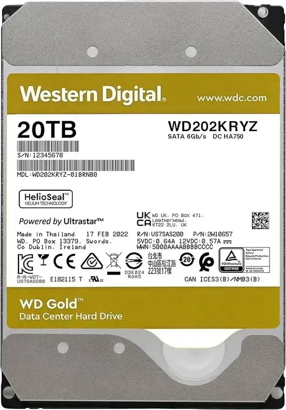 Жесткий диск Western Digital WD Gold 20ТБ Enterprise WD202KRYZ 3.5 дюйма SATA 6Гбит/с 7200 RPM Кэш 512МБ CMR HelioSeal с гелием