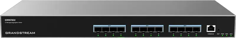Управляемый сетевой коммутатор Grandstream GWN7832 Layer 3 Aggregation, 12 портов 10G SFP+, пропускная способность 240 Гбит/с, монтаж в стойку, GWN.Cloud