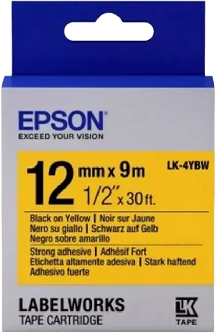 Epson LK-4YBW LabelWorks Tape Cartridge, 12mm x 9m, Yellow Tape with Black Text, Extra-Strength Adhesive, Durable Outdoor Media, C53S654014