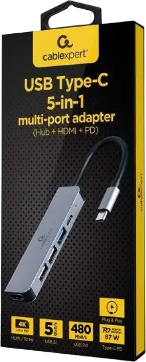 Adaptor Gembird A-CM-COMBO5-03 5-in-1 USB Type-C, Hub Docking Station HDMI 4K UHD, USB 3.1 Gen 1, 2x USB 2.0, Power Delivery 87W, Aluminiu, Gri