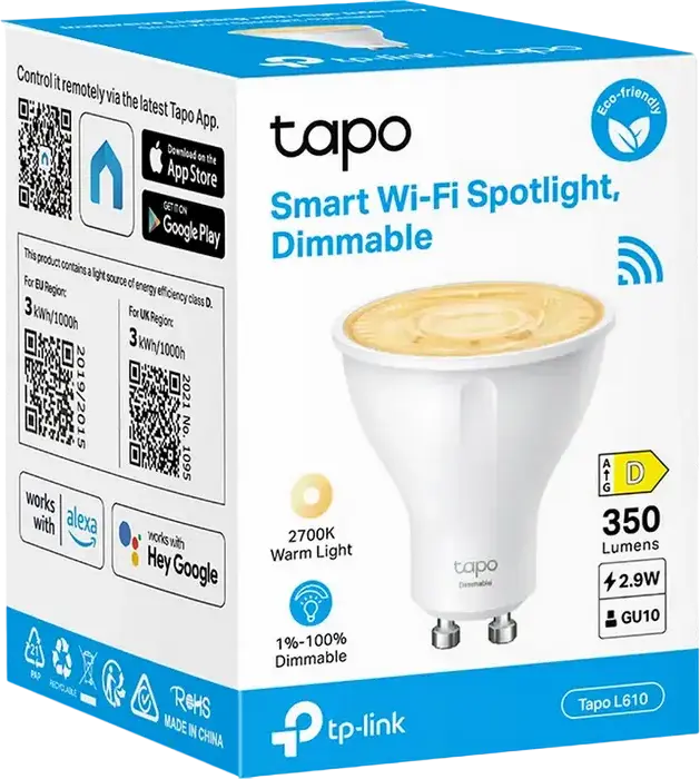 TP-Link Tapo L610 Smart Wi-Fi Spotlight GU10, 2.9W 350lm Warm White 2700K, Dimmable, App Control, Amazon Alexa & Google Assistant Compatible