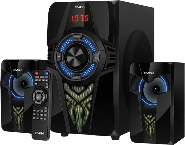 Sistem Difuzoare Multimedia SVEN MS-2070 2.1, 60W RMS, Bluetooth, USB, SD, Radio FM, Iluminare RGB, Corp din MDF, Telecomanda, Negru