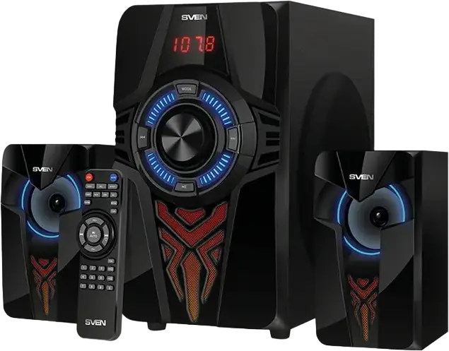 Sistem Difuzoare Multimedia SVEN MS-2070 2.1, 60W RMS, Bluetooth, USB, SD, Radio FM, Iluminare RGB, Corp din MDF, Telecomanda, Negru