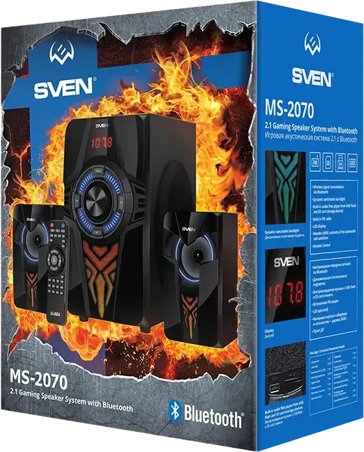 Sistem Difuzoare Multimedia SVEN MS-2070 2.1, 60W RMS, Bluetooth, USB, SD, Radio FM, Iluminare RGB, Corp din MDF, Telecomanda, Negru