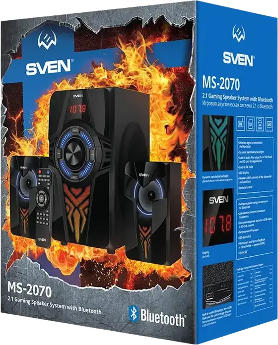 Sistem Difuzoare Multimedia SVEN MS-2070 2.1, 60W RMS, Bluetooth, USB, SD, Radio FM, Iluminare RGB, Corp din MDF, Telecomanda, Negru