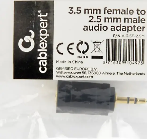 Adaptor Audio Cablexpert A-3.5F-2.5M 3.5mm Femina la 2.5mm Mascul 3-pin Conector Analogic Placat cu Aur Negru