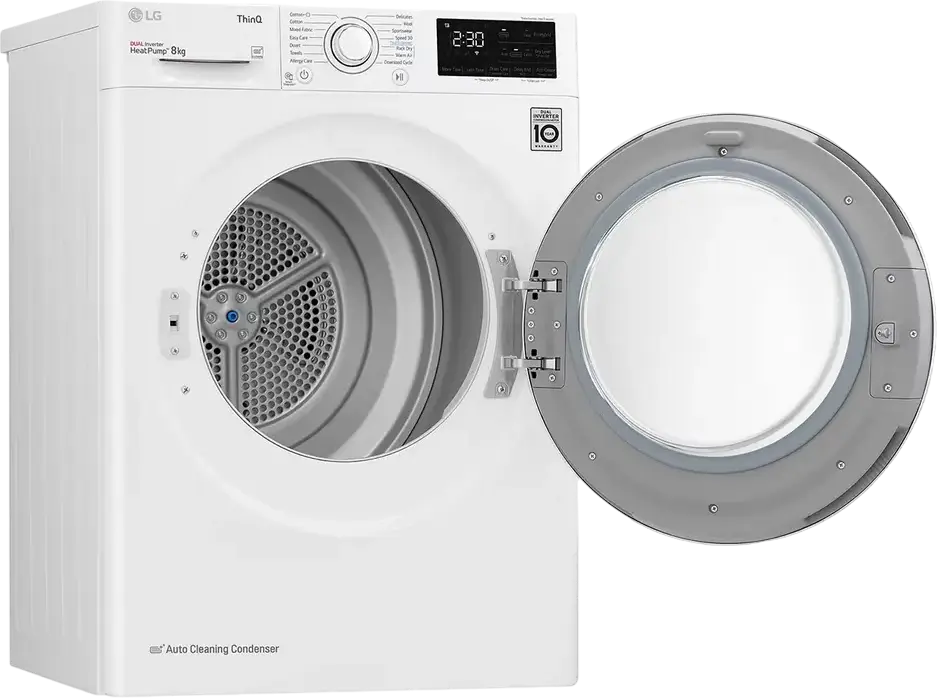 LG RH80V3AV6N Heat Pump Tumble Dryer, 8kg Capacity, Dual Inverter, Energy Class A++, Wi-Fi ThinQ, Auto Cleaning Condenser, White/Black, Front Load