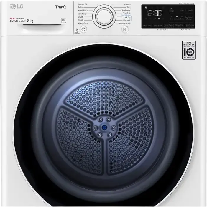 LG RH80V3AV6N Heat Pump Tumble Dryer, 8kg Capacity, Dual Inverter, Energy Class A++, Wi-Fi ThinQ, Auto Cleaning Condenser, White/Black, Front Load