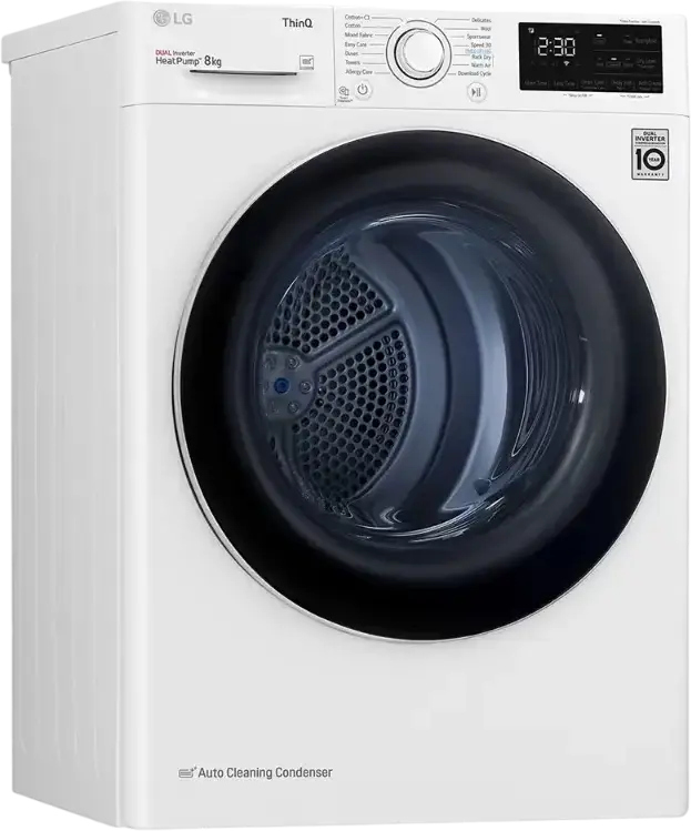LG RH80V3AV6N Heat Pump Tumble Dryer, 8kg Capacity, Dual Inverter, Energy Class A++, Wi-Fi ThinQ, Auto Cleaning Condenser, White/Black, Front Load