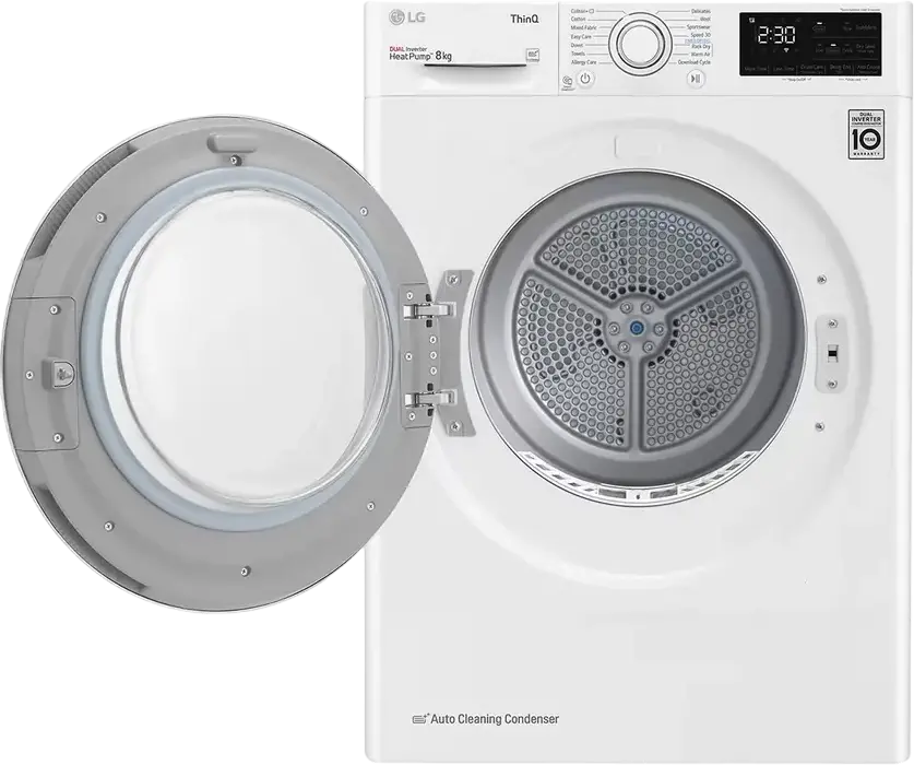 LG RH80V3AV6N Heat Pump Tumble Dryer, 8kg Capacity, Dual Inverter, Energy Class A++, Wi-Fi ThinQ, Auto Cleaning Condenser, White/Black, Front Load