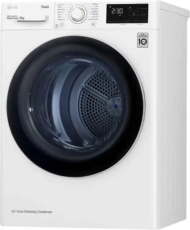 LG RH80V3AV6N Heat Pump Tumble Dryer, 8kg Capacity, Dual Inverter, Energy Class A++, Wi-Fi ThinQ, Auto Cleaning Condenser, White/Black, Front Load