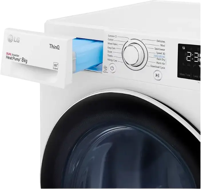 LG RH80V3AV6N Heat Pump Tumble Dryer, 8kg Capacity, Dual Inverter, Energy Class A++, Wi-Fi ThinQ, Auto Cleaning Condenser, White/Black, Front Load