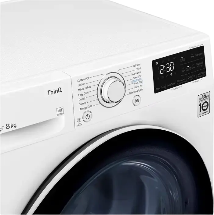LG RH80V3AV6N Heat Pump Tumble Dryer, 8kg Capacity, Dual Inverter, Energy Class A++, Wi-Fi ThinQ, Auto Cleaning Condenser, White/Black, Front Load