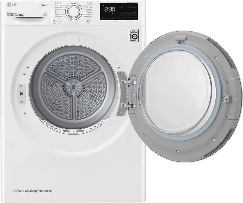 LG RH80V3AV6N Heat Pump Tumble Dryer, 8kg Capacity, Dual Inverter, Energy Class A++, Wi-Fi ThinQ, Auto Cleaning Condenser, White/Black, Front Load