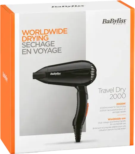 BaByliss Travel Dry 5344E Hair Dryer, 2000W, Dual Voltage, Foldable Handle, 2 Speed and Temperature Settings, Cold Shot, Concentrator Nozzle, Black