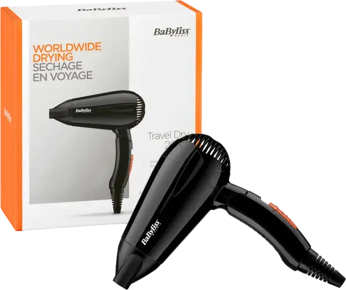 BaByliss Travel Dry 5344E Hair Dryer, 2000W, Dual Voltage, Foldable Handle, 2 Speed and Temperature Settings, Cold Shot, Concentrator Nozzle, Black
