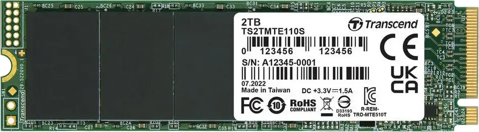 Transcend MTE110S 2TB M.2 2280 NVMe PCIe Gen3 x4 SSD, 3D NAND Flash, Read up to 2500MB/s, Write up to 1700MB/s, 800 TBW Endurance