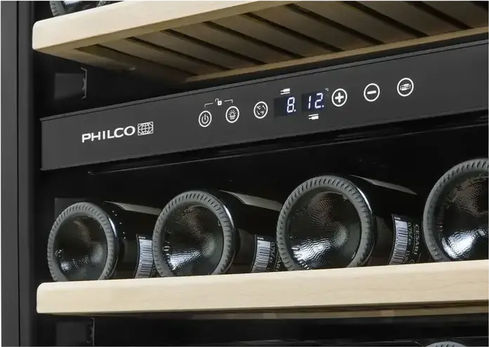 Philco PW32GD Freestanding Wine Cooler, 32 Bottles Capacity, 85L Volume, 6 Beech Wood Shelves, UV Protection Triple Glass Door, Black, 85.3x38x57 cm