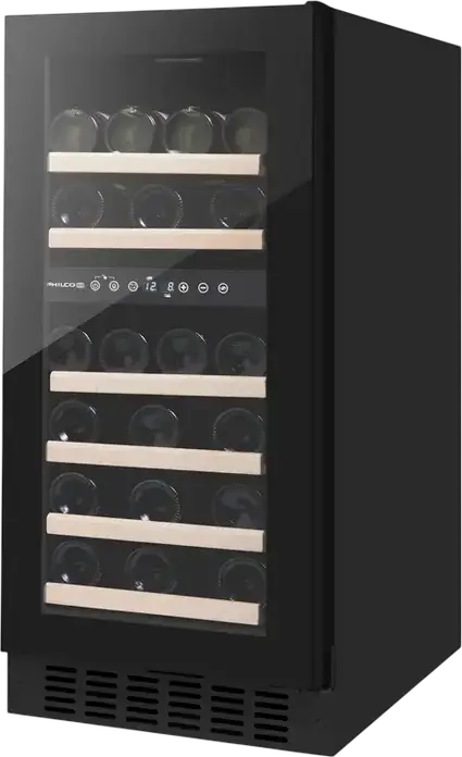 Philco PW32GD Freestanding Wine Cooler, 32 Bottles Capacity, 85L Volume, 6 Beech Wood Shelves, UV Protection Triple Glass Door, Black, 85.3x38x57 cm