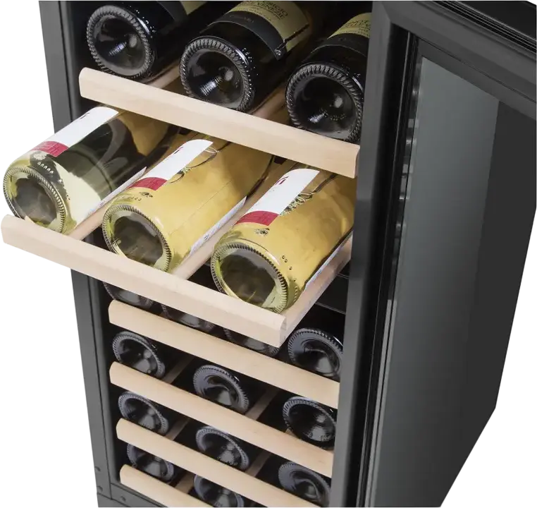 Philco PW32GD Freestanding Wine Cooler, 32 Bottles Capacity, 85L Volume, 6 Beech Wood Shelves, UV Protection Triple Glass Door, Black, 85.3x38x57 cm