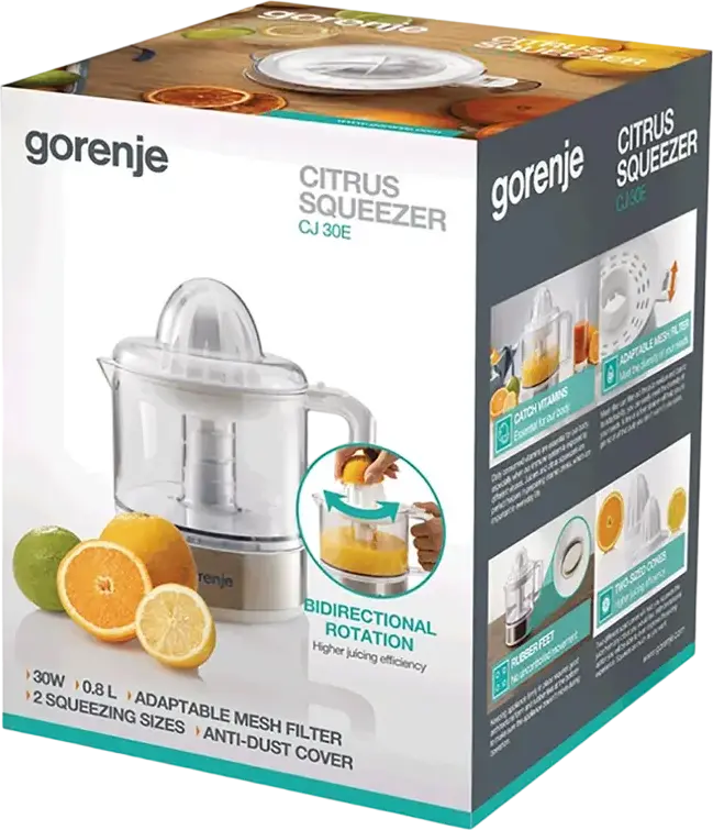 Электрическая соковыжималка для цитрусовых Gorenje CJ30E, 30 Вт, контейнер 0.8 л, двунаправленное вращение, 2 конуса, корпус из металла и пластика