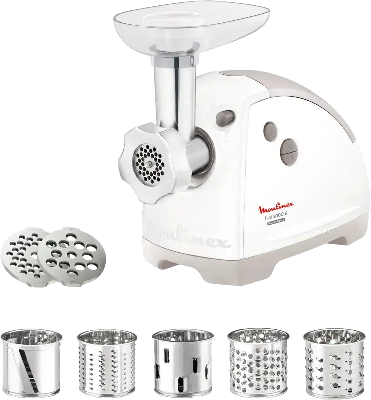 Мясорубка Moulinex HV8 ME626132 2000Вт, 2.6 кг/мин, 5 насадок для шинковки и терки, насадки для колбас и кеббе, функция реверса, белый пластик