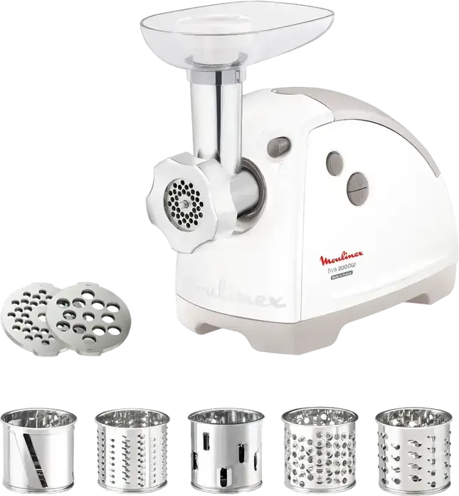Мясорубка Moulinex HV8 ME626132 2000Вт, 2.6 кг/мин, 5 насадок для шинковки и терки, насадки для колбас и кеббе, функция реверса, белый пластик