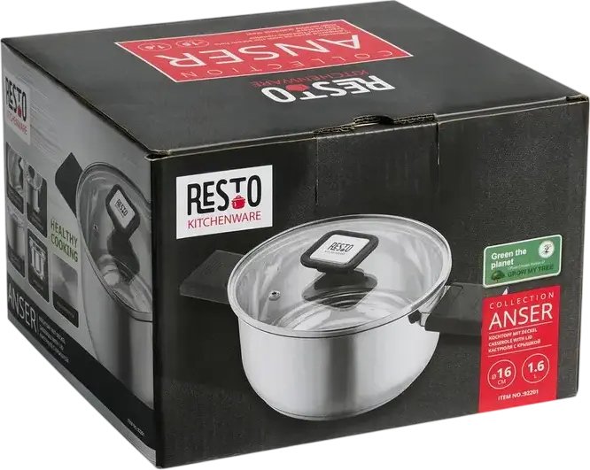 RESTO 92201 Anser Stainless Steel Saucepan with Glass Lid, 1.6L, 16cm, Induction Compatible Professional Cookware, Grey